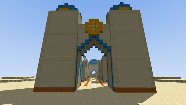 The gate of Ashara, a city of sandstone and blue domes in the eastern desert